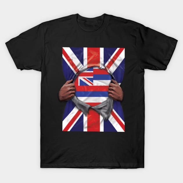 Hawaii Flag Great Britain Flag Ripped - Gift for Hawaiian From Hawaii T-Shirt by Country Flags